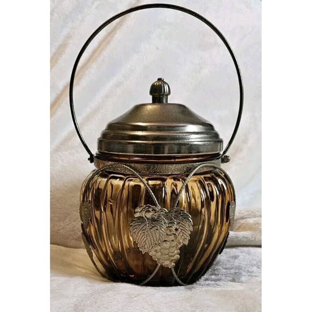Vintage Amber & Brass Round Biscuits Jar With Swan Music Box 7in × 5in
